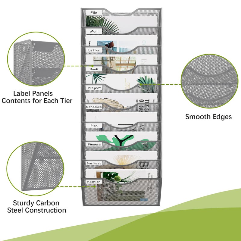 EasyPAG 10 Pocket Mesh Wall File Organizer, Hanging Paper Folder Holder with Classify Label, Vertical Wall Mount Mail Organizer for Office Home Classroom, Silver - Image 3